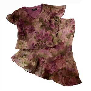 Floral V-Neck Two-Piece Skirt Set in Mauve and Olive